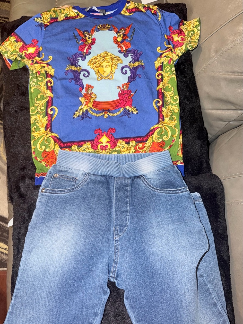 Versace Blue Baroque Medusa Print and Jeans with Versace logo on the back
